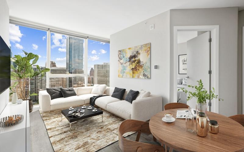 bright living room with city views